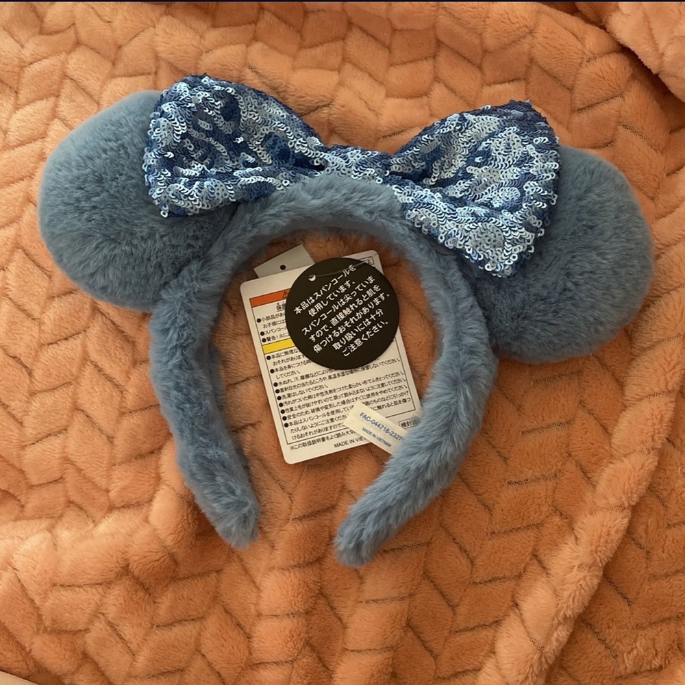 Tokyo Disney Blue Fuzzy Ears Headband with Sequin Bow BNWT